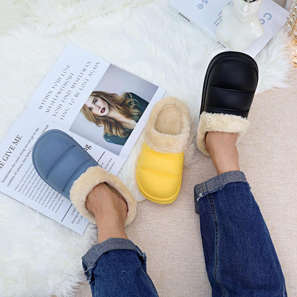 털슬리퍼 여성 남성 커플 캠핑 겨울 사무실 학교 퍼 양털 슬리퍼 라운드 옐로우