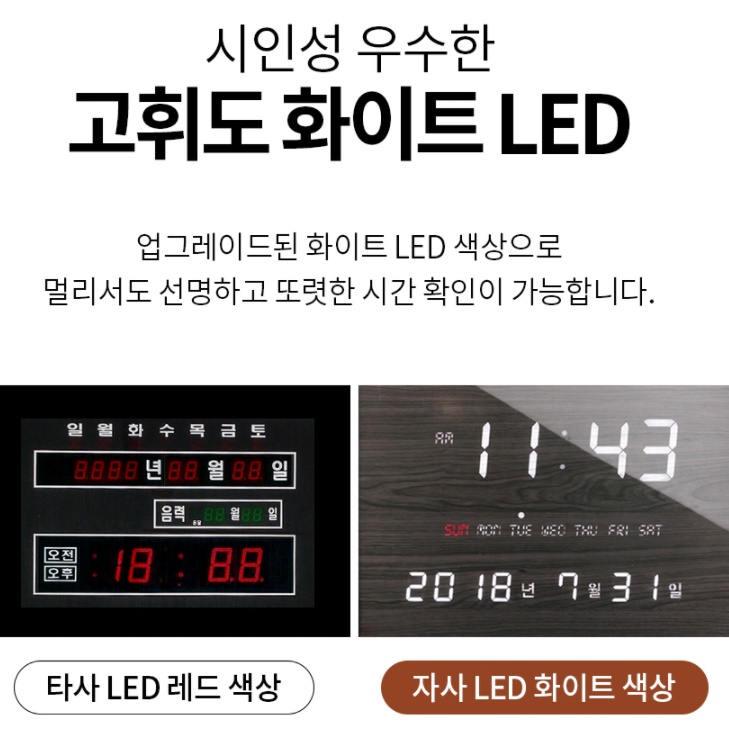 디지털 led 전자 붙이는벽시계 사각 벽시계 고급 벽걸이 날짜 안방 거실 목욕탕 아크릴 - 상세 이미지 5
