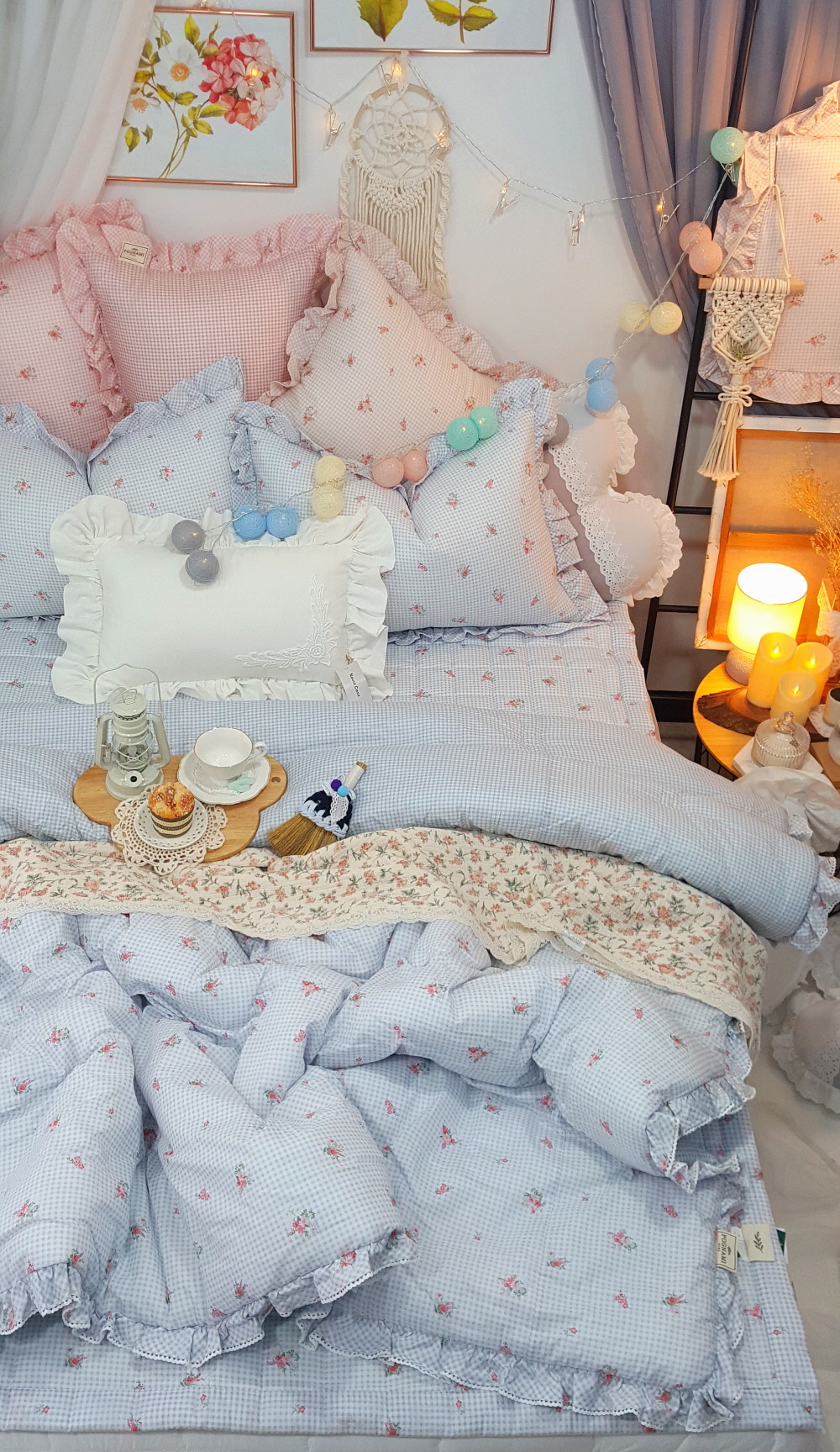 오월 꽃 체크무늬 겨울 차렵이불 세트 슈퍼싱글 퀸사이즈