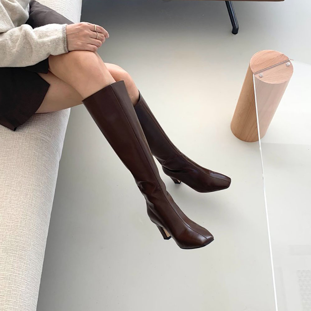 7cm 통넓은 가을 겨울 브라운 가죽 뒷지퍼 롱부츠 2컬러 - 메인 이미지