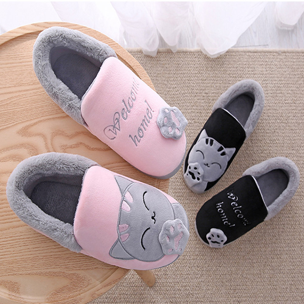 겨울 방한 고양이자수 털 실내화 사무실 거실용 고양이실내화여성핑크