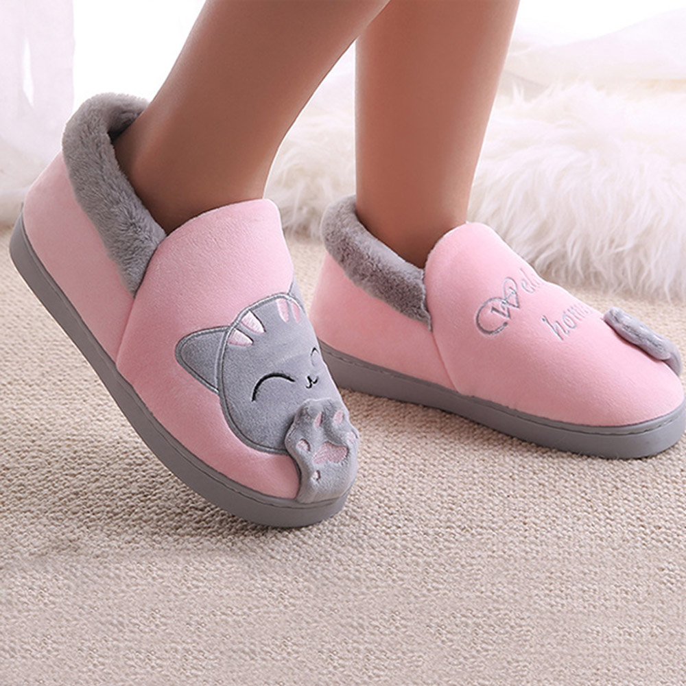 겨울 방한 고양이자수 털 실내화 사무실 거실용 고양이실내화여성핑크