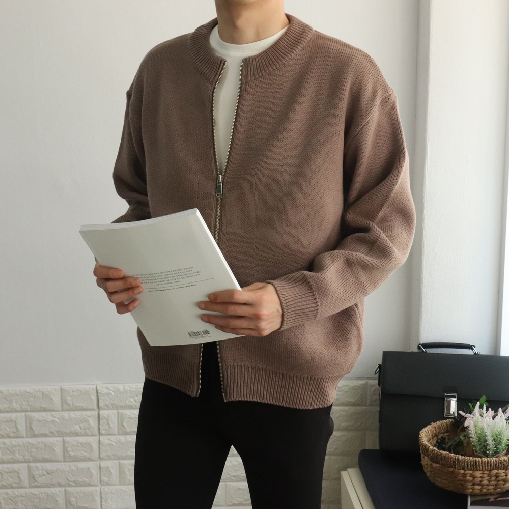 두꺼운 울 오버핏 캐주얼 시보리 스판 노카라 라운드 투 웨이 헨리넥 집업니트가디건 이미지 4