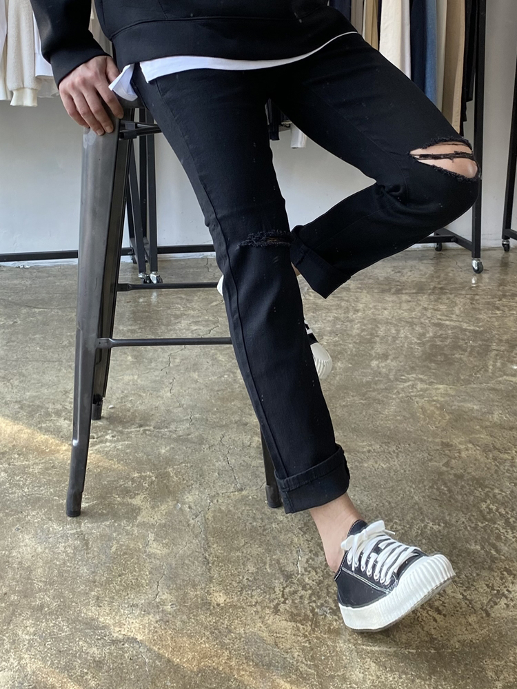 남자블랙진 무릎 디스 스판 이미지 2