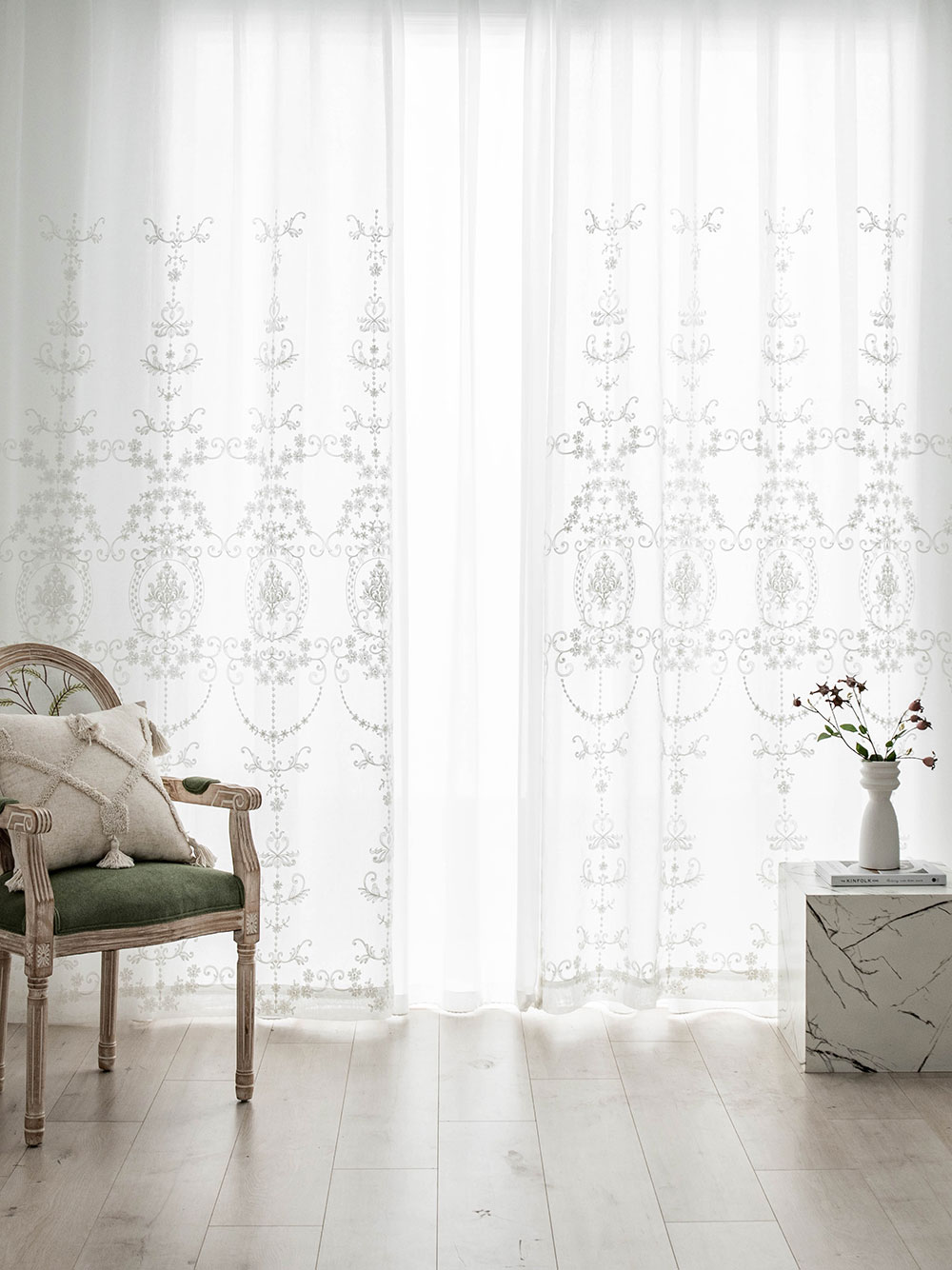 사라하우스 린넨 자수 레이스 커튼 , 가리개 중문 자수 고급 패턴 커튼