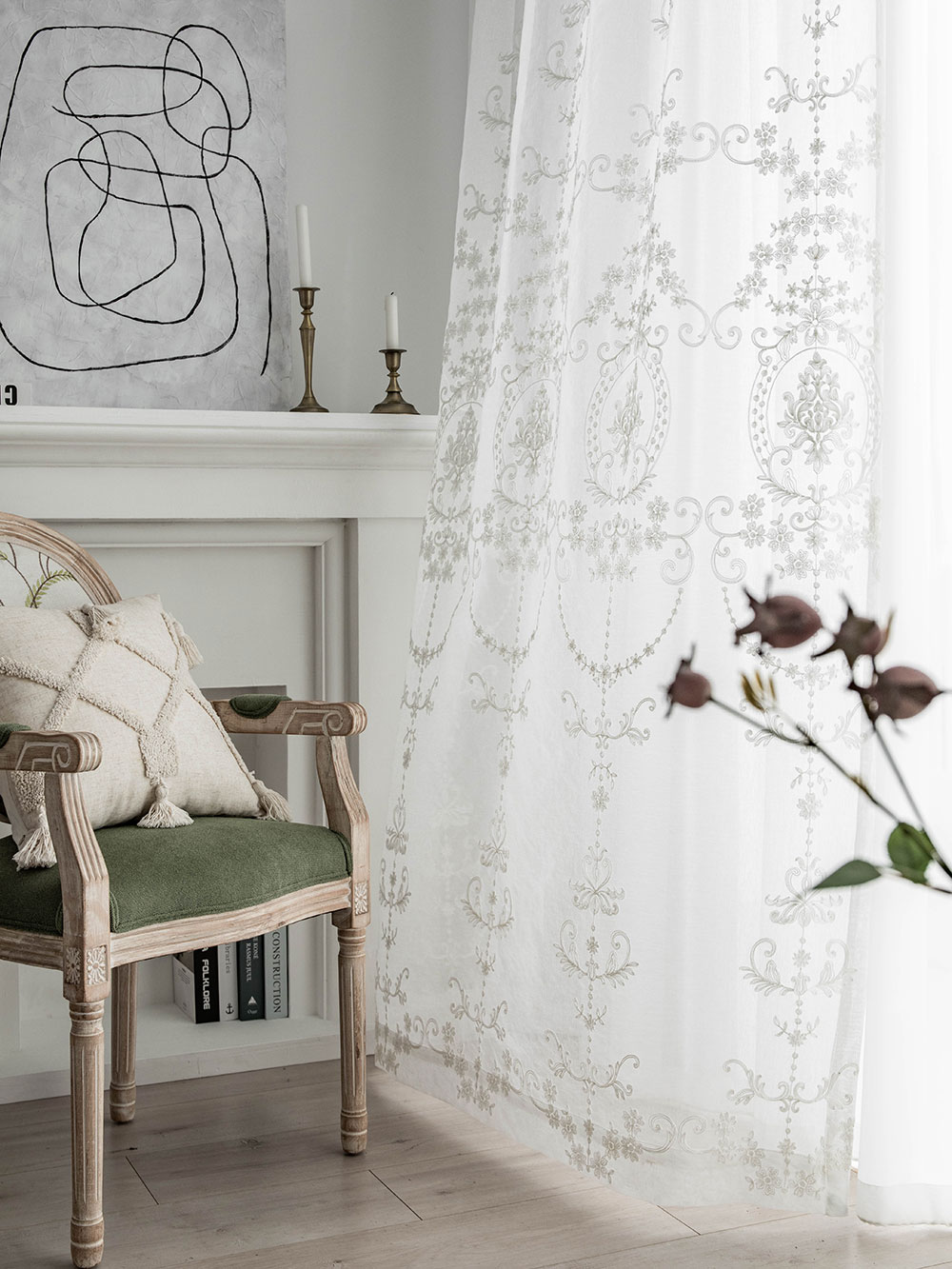 사라하우스 린넨 자수 레이스 커튼 , 가리개 중문 자수 고급 패턴 커튼