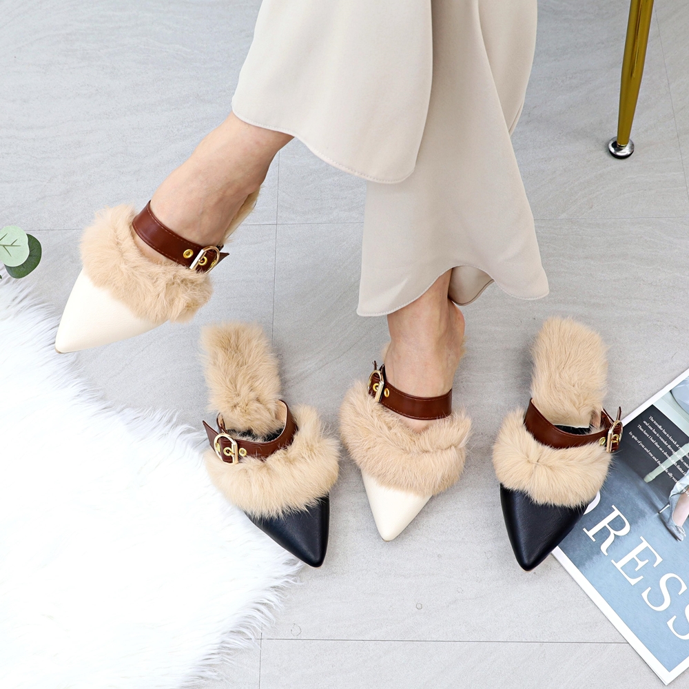 노리스 털블로퍼 여성 스트랩 토끼털 겨울 블로퍼