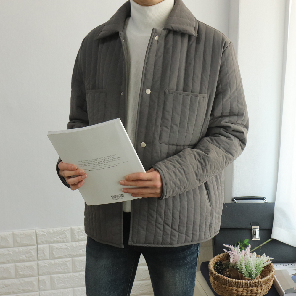 두툼한 캐주얼 댄디 오버핏 단추 세미 웰론 깔깔이 카라 퀄팅 패딩자켓점퍼 이미지 3