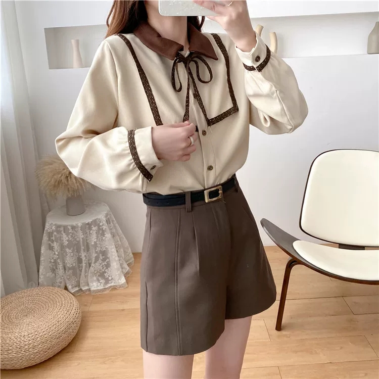 사각 배색 카라넥 골덴 코듀로이 가을 겨울블라우스 H56화이트 이미지 8