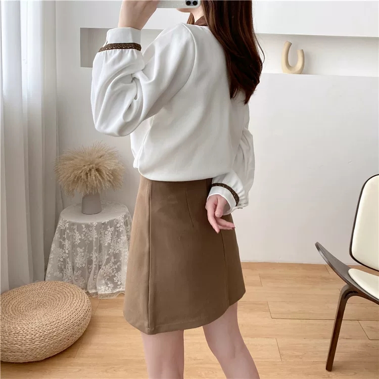 사각 배색 카라넥 골덴 코듀로이 가을 겨울블라우스 H56화이트 이미지 6