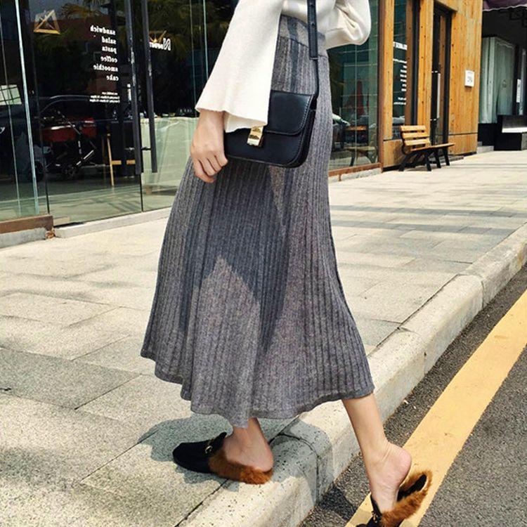 롱 벨벳 플리츠 스커트 코디 긴 겨울 주름 스커트 모직 코튼 골지 밴딩 H라인 슬림 치마