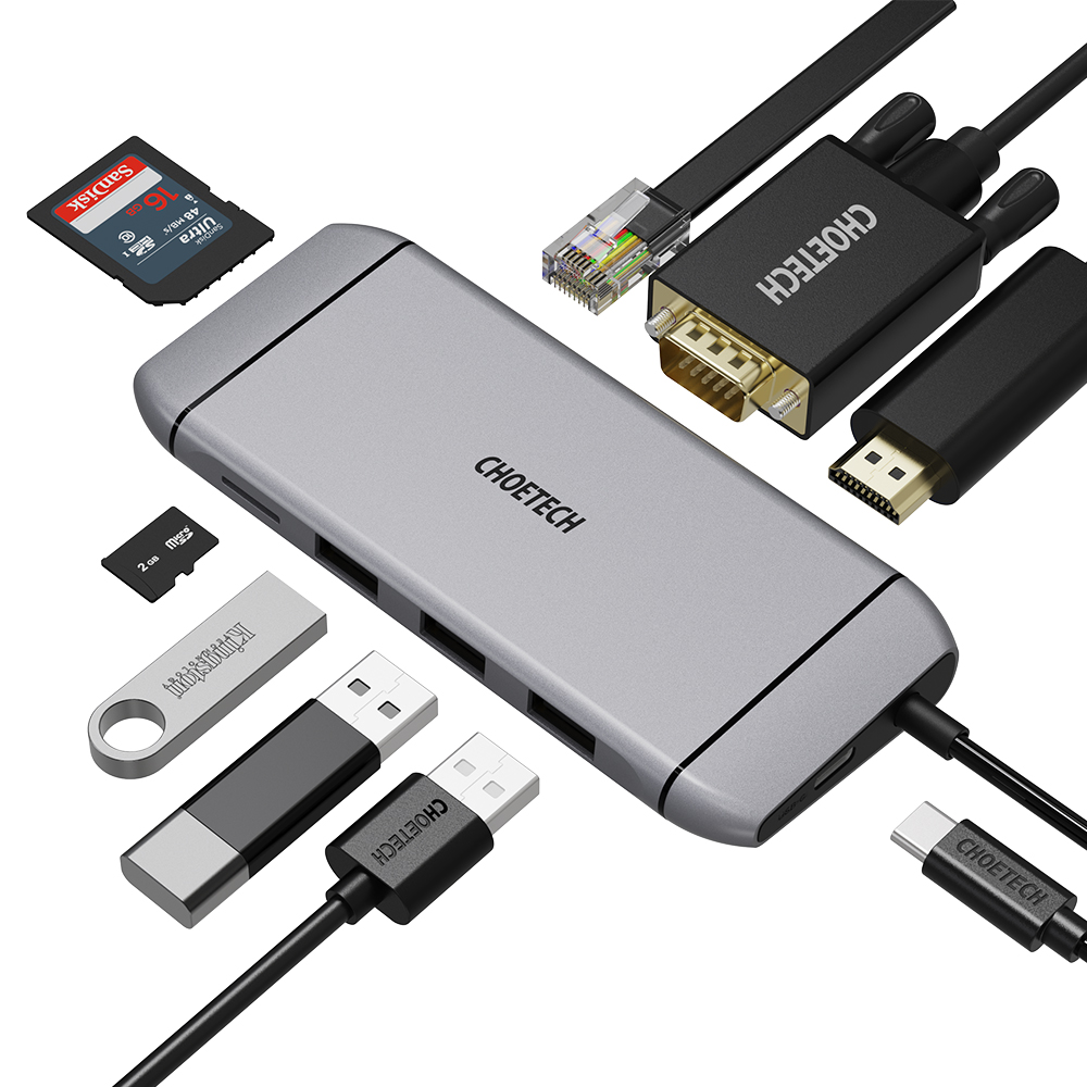 초텍 9in1 USB C타입 허브 멀티포트 HDMI 랜포트 VGA 노트북 HUB-M15-GY - 메인 이미지
