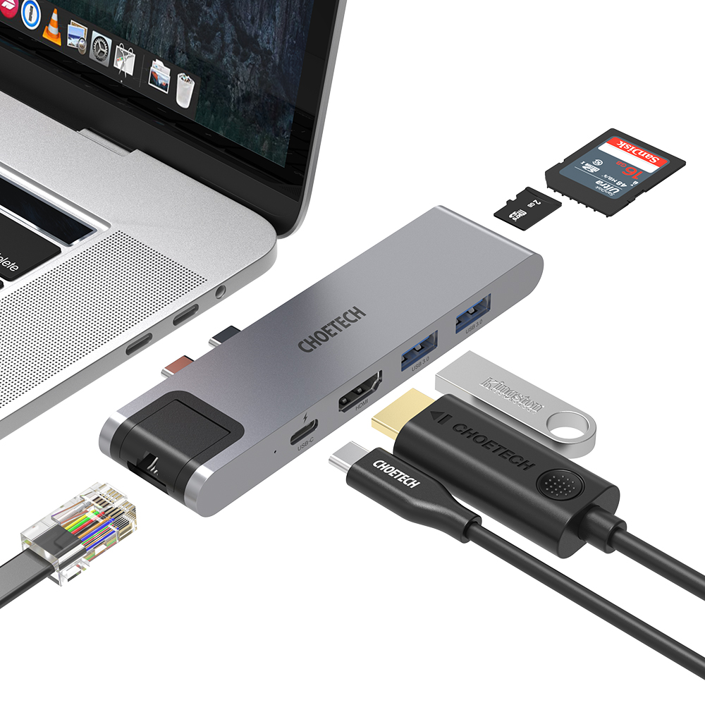 초텍 7in2 USB C타입 허브 맥북 프로 멀티포트 4K 랜포트 노트북 썬더볼트 HUB-M24-GY - 메인 이미지