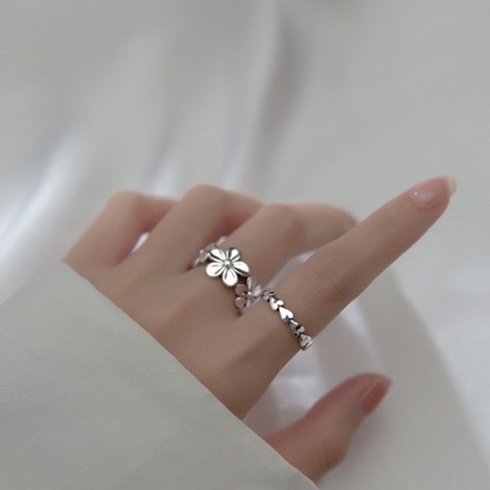 엔틱 하트 체인 플라워 오픈 실버 925 반지 R049