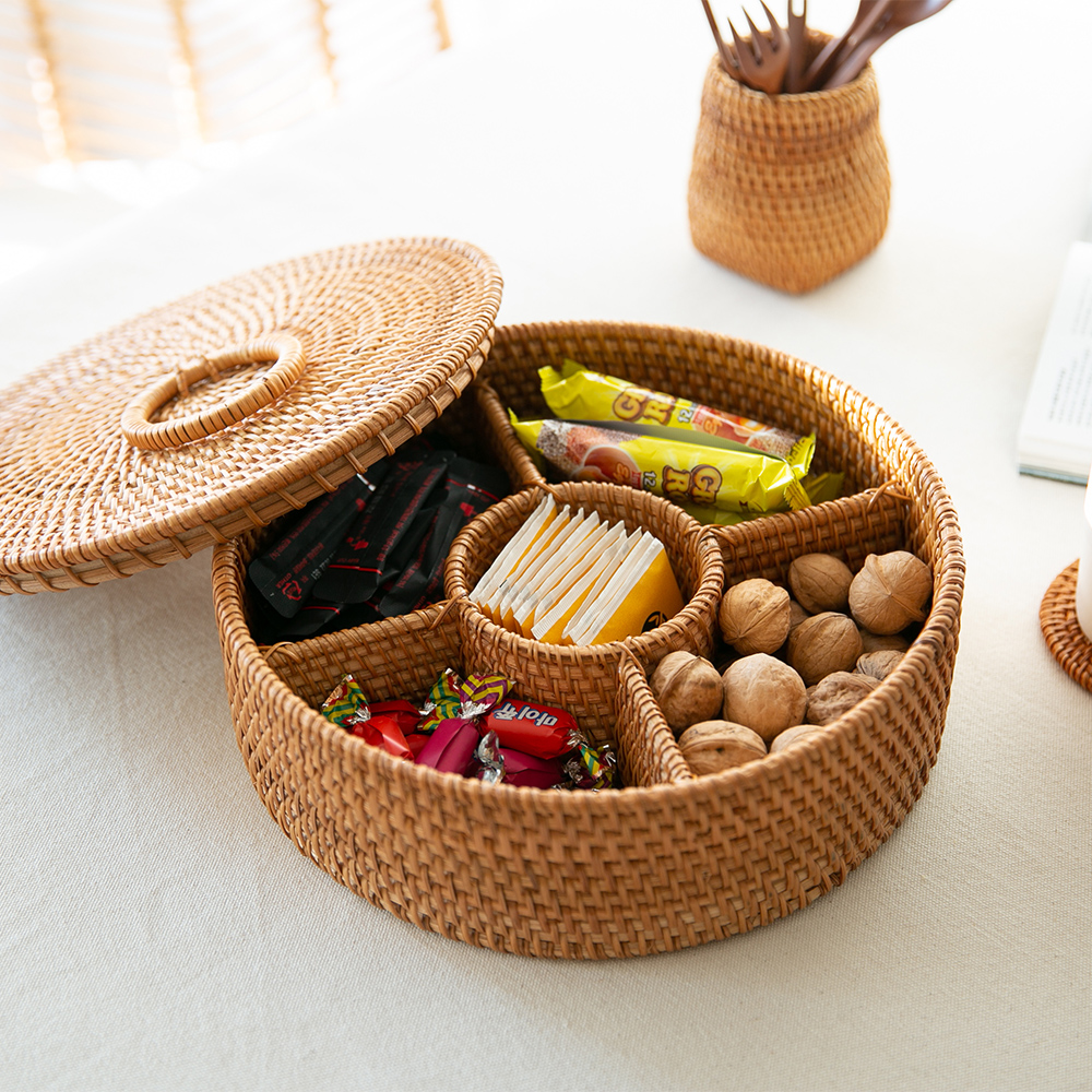 원형 라탄수납함 미니 티박스 커피 빈티지 보관함 간식 라탄바구니 다용도