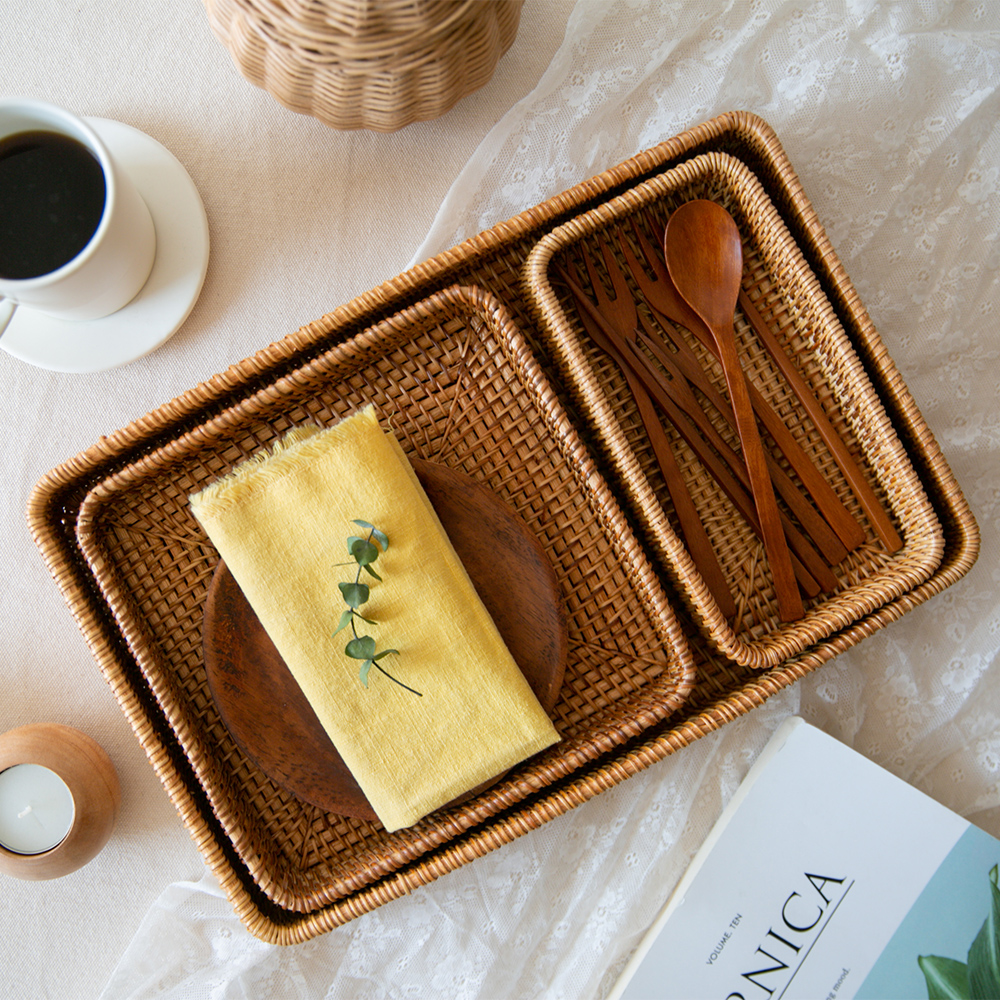 라탄트레이 사각바구니 소쿠리 간식바구니 트레이 미니 빵 소품 3종세트