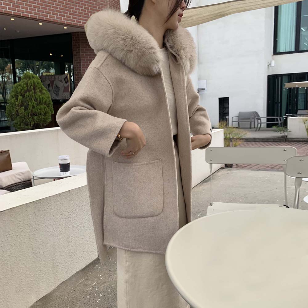 럭스기획 로로 리얼 폭스 퍼 후드 알파카 폭스퍼 하프 핸드메이드 코트 - 상세 이미지 4