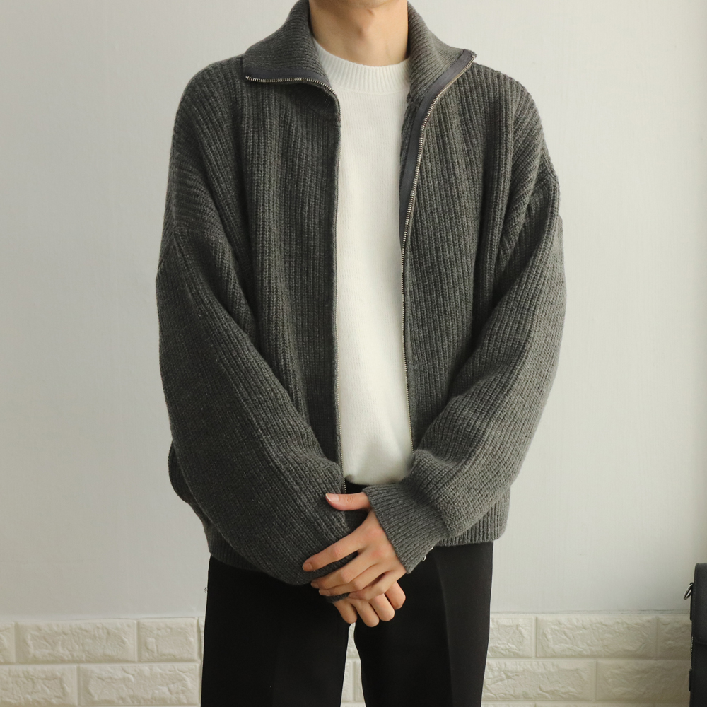 미니멀 울 캐시미어 오버핏 두툼한 크롭 숏 하이넥 투웨이 집업 니트가디건 이미지 3
