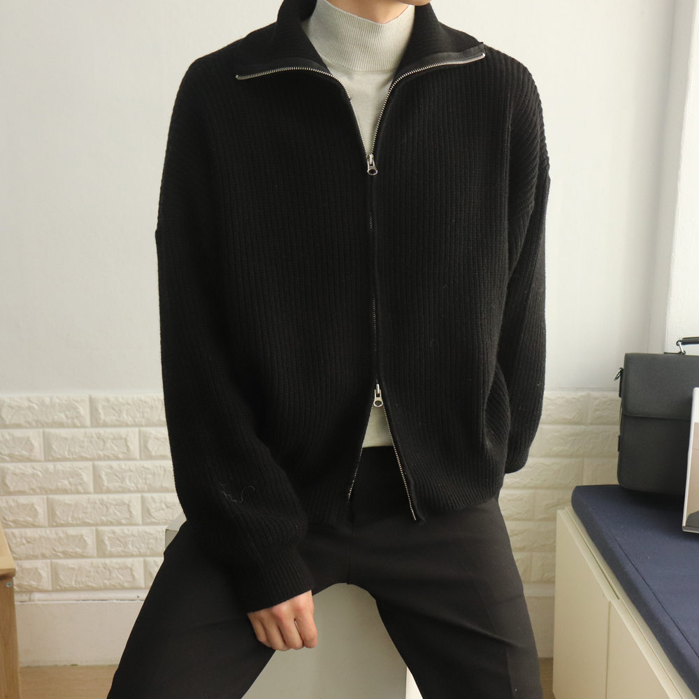 두툼한 울 캐시미어 오버핏 미니멀 크롭 숏 하이넥 투웨이 집업 니트가디건 이미지 4