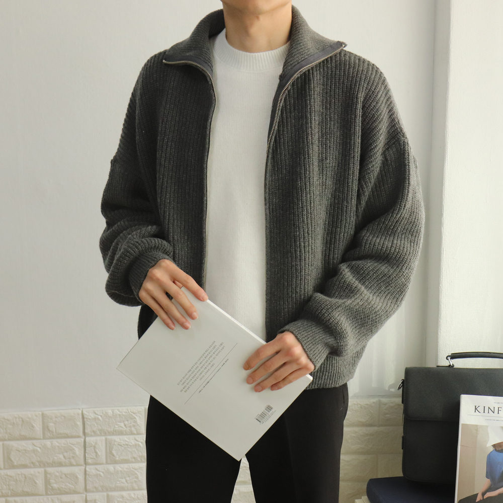 두툼한 울 캐시미어 오버핏 미니멀 크롭 숏 하이넥 투웨이 집업 니트가디건 이미지 3