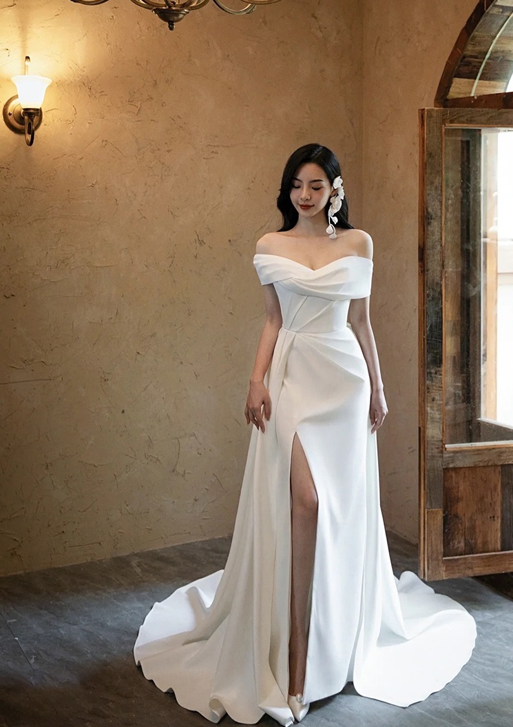 새틴 본식 오프숄더 스몰웨딩 예식 셀프웨딩드레스 - 상세 이미지 4