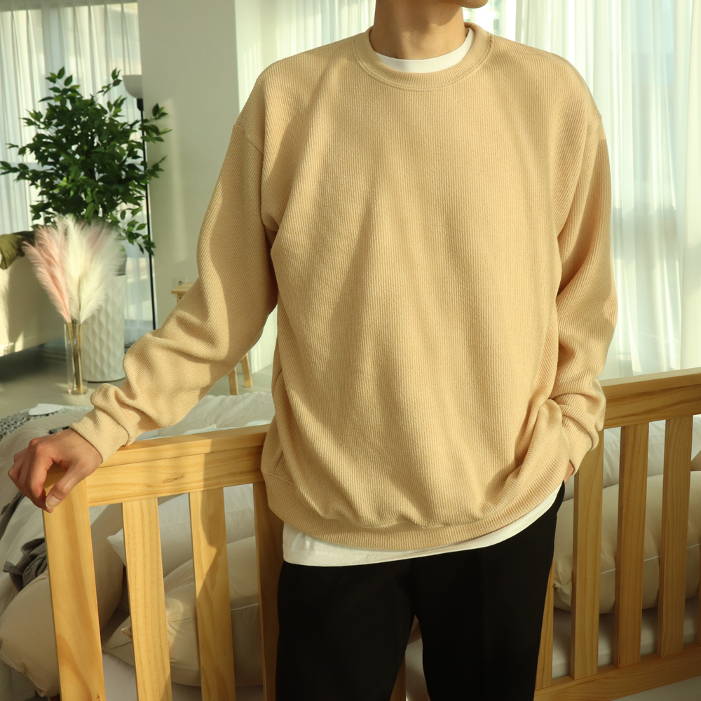 1+1 구김없는 캐주얼 기모 오버핏 빅사이즈 스판 무지 라운드 와플 니트맨투맨티셔츠 이미지 3