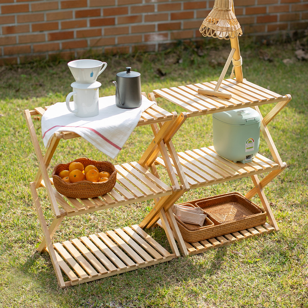 쿠쿠마 3단 원목선반 접이식 선반장 다용도 정리 우드쉘프 화분 베란다