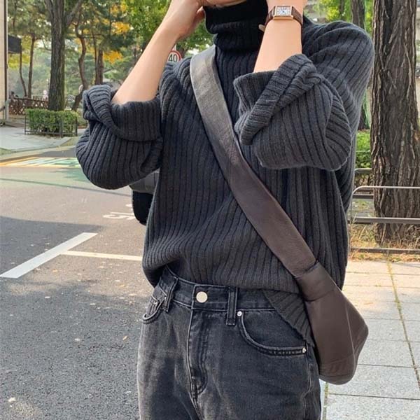 콤콤 골지 풀오버 하이넥 터틀넥 루즈핏 데일리 목폴라 울 니트(2color) 이미지 2