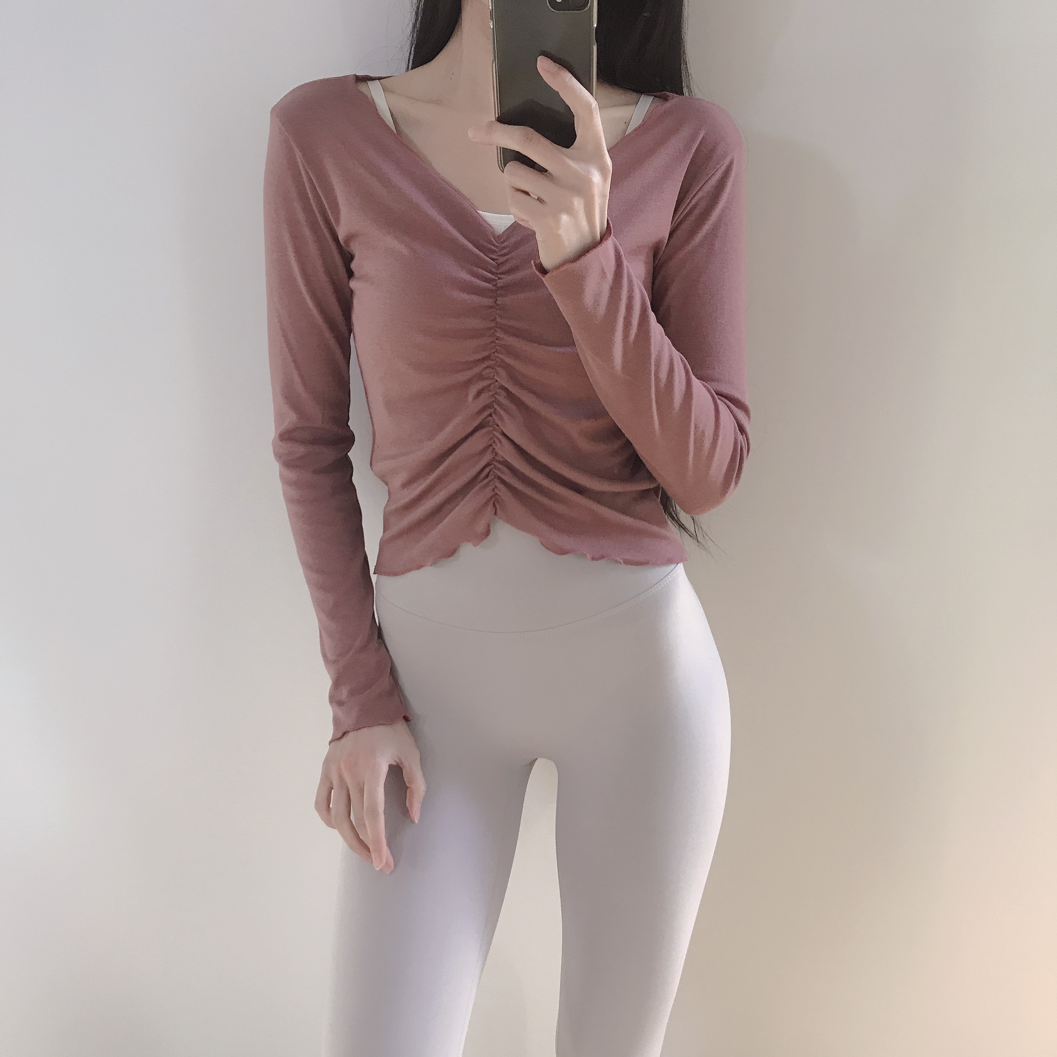로라벨 프릴셔링 필라테스복 여성 요가복 필라테스 요가 상의 티셔츠 옷 커버업 크롭 복장 - 상세 이미지 3