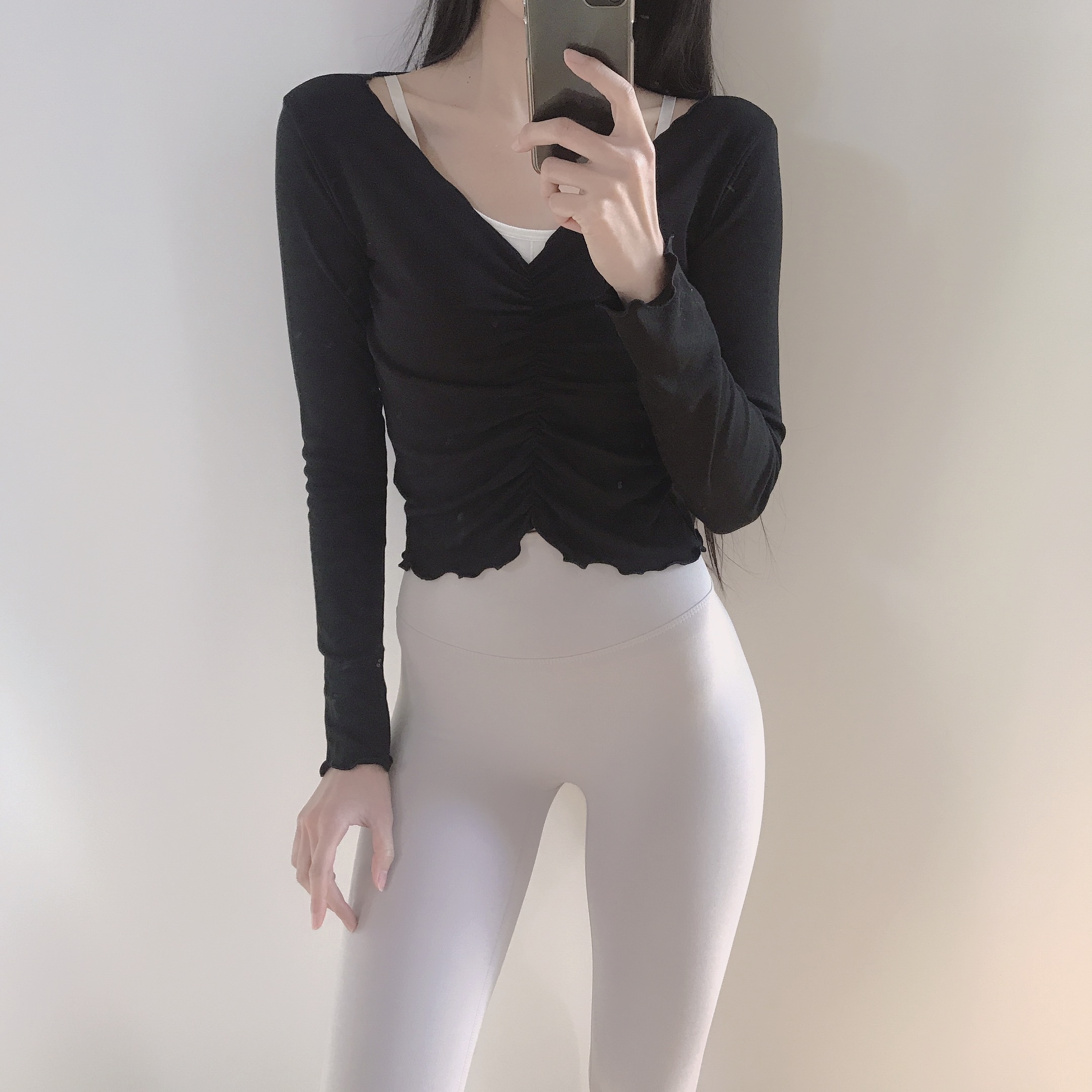 로라벨 프릴셔링 필라테스복 여성 요가복 필라테스 요가 상의 티셔츠 옷 커버업 크롭 복장 - 상세 이미지 4