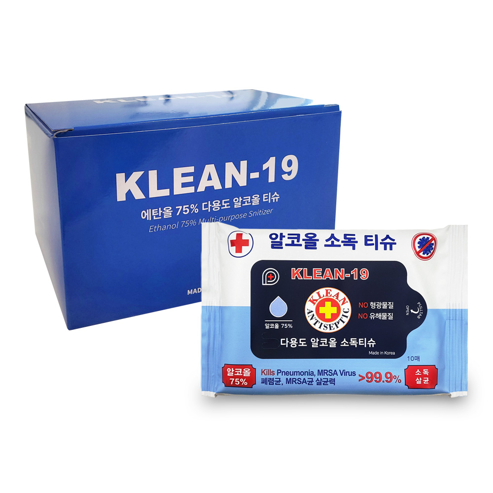 KLEAN-19 에탄올 75% 소독티슈 세정티슈 알콜 살균 차량용 캠핑 애견패드 60매