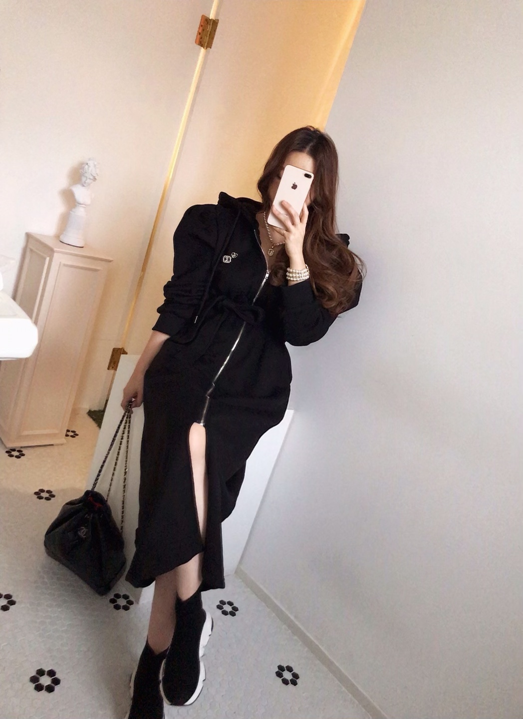 라운지 기모 퍼프 후드 롱원피스&벨트 SET (셋업,세트,핀턱,포켓,견장,진주버튼) [비비아레이디] - 상품 이미지