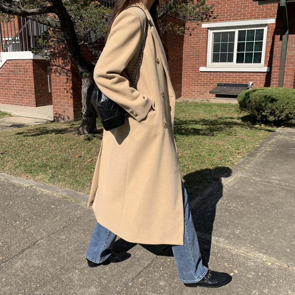 오버핏 헤링본 더블 여성 롱코트 모직 울코트 여자 겨울 코트 베이지 블랙 이미지 4