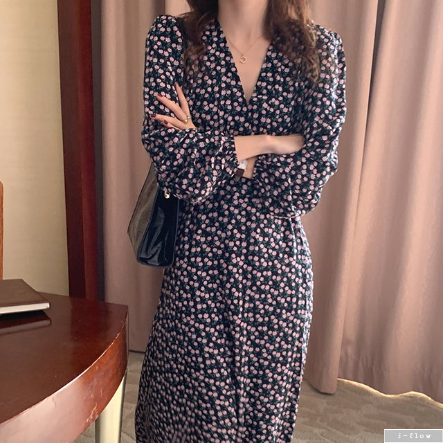 코이 맥시 브이넥 퍼플 플라워 롱원피스 2col 봄 가을 허리끈 벨트 퍼프 제이플로우