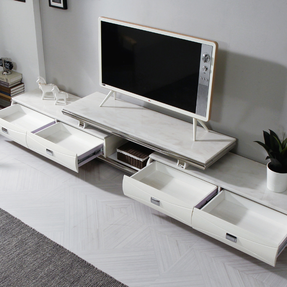 [방문설치] 미라벨 확장형 대리석 거실장 LED등 3000x430x300mm, 화이트