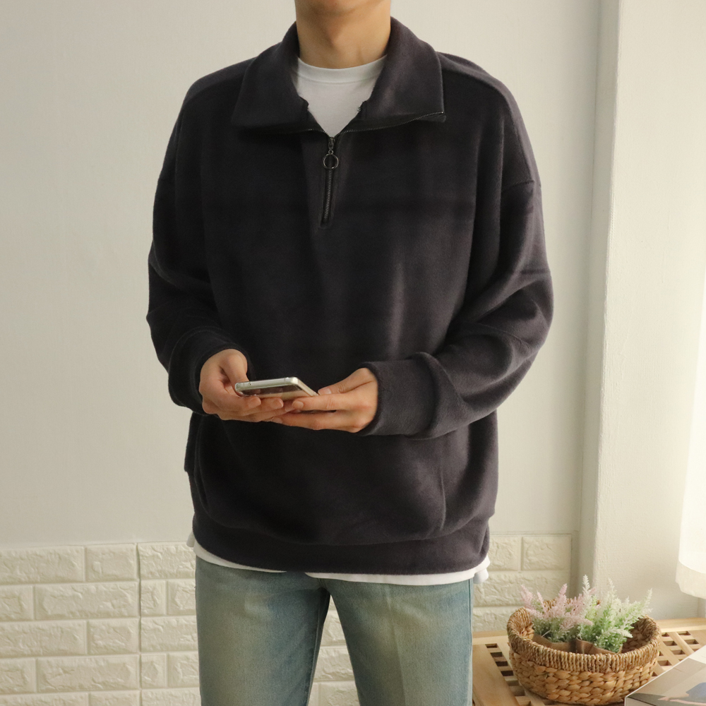 스트릿 오버핏 기모 캐주얼 시보리 스판 밍크 반집업 커플 하이넥 아노락맨투맨티셔츠 이미지 4