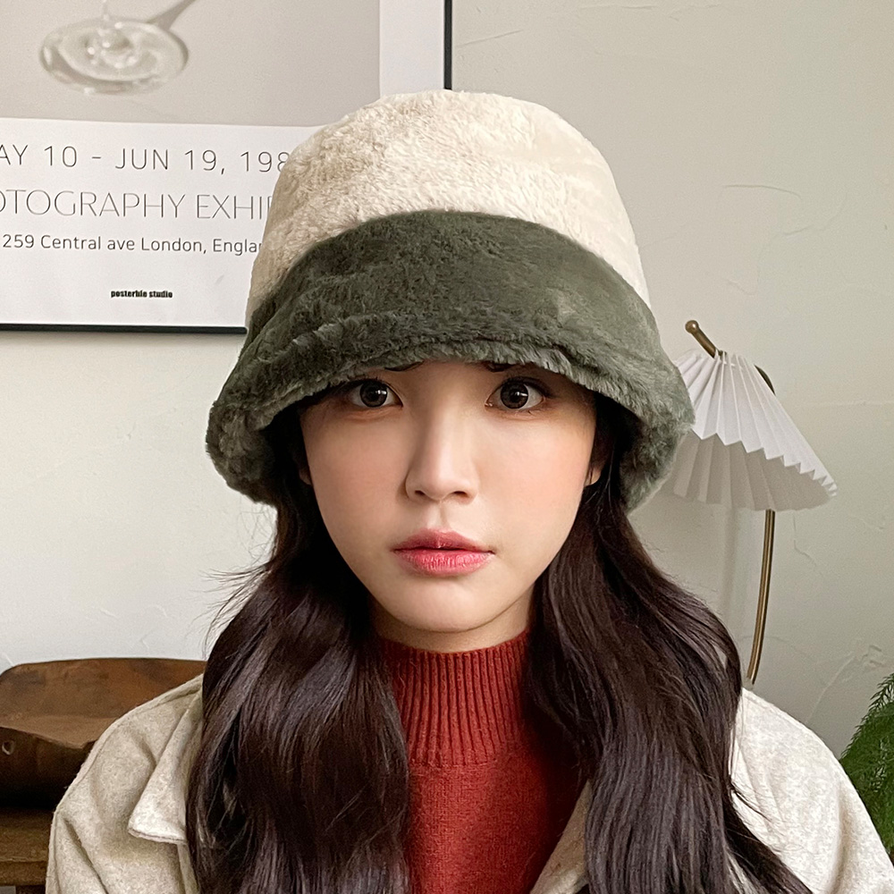 투톤 밍크털 여성 겨울 벙거지 버킷햇 - 상세 이미지 2