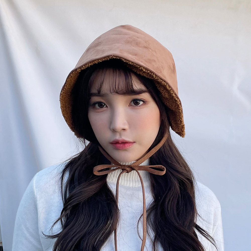 양면 양털 스웨이드 리본 보넷 여성 겨울 벙거지모자 - 상품 이미지