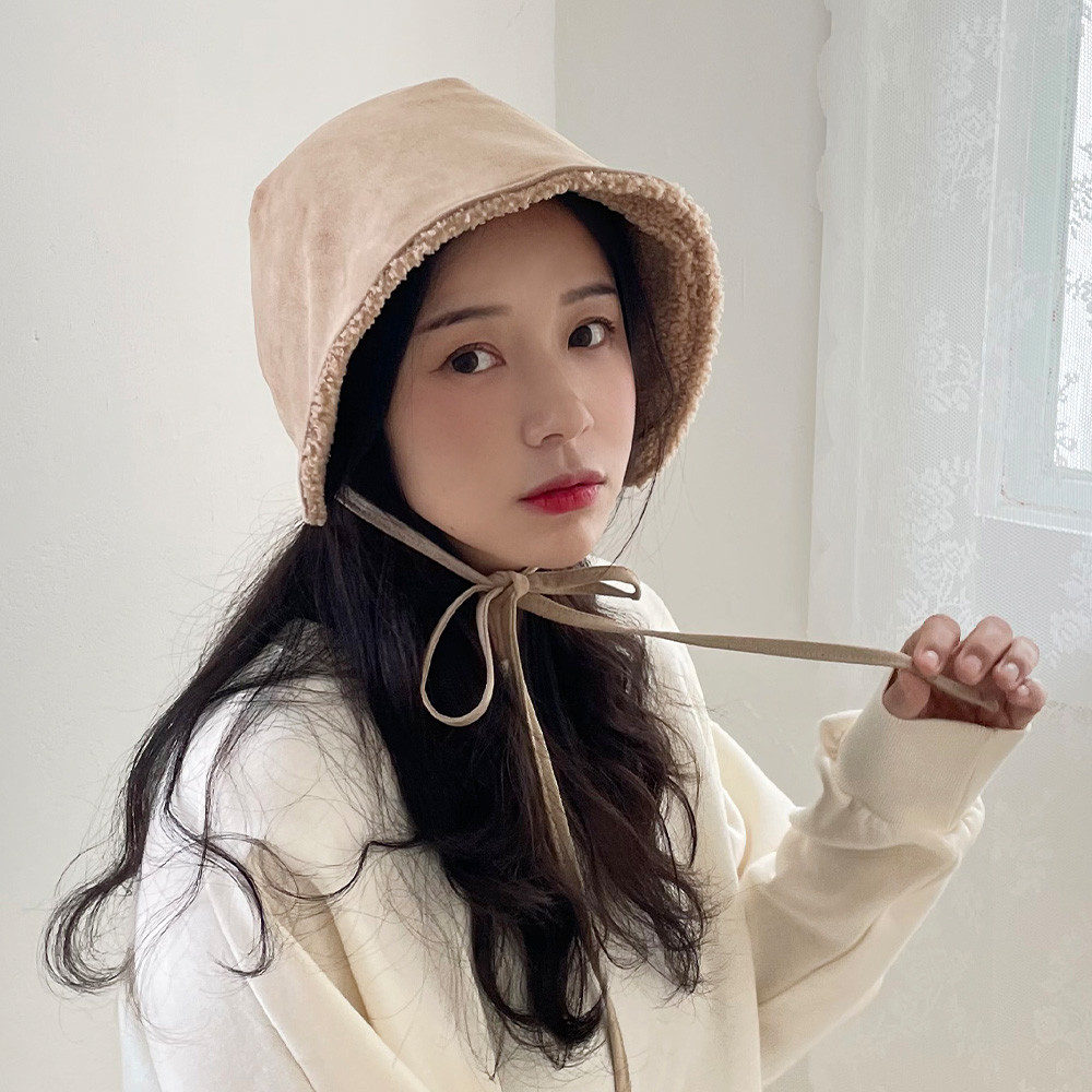 양면 양털 스웨이드 리본 보넷 여성 겨울 벙거지모자 - 상세 이미지 5