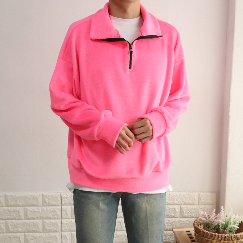 스트릿 오버핏 기모 캐주얼 시보리 스판 밍크 반집업 커플 하이넥 아노락맨투맨티셔츠 이미지 2