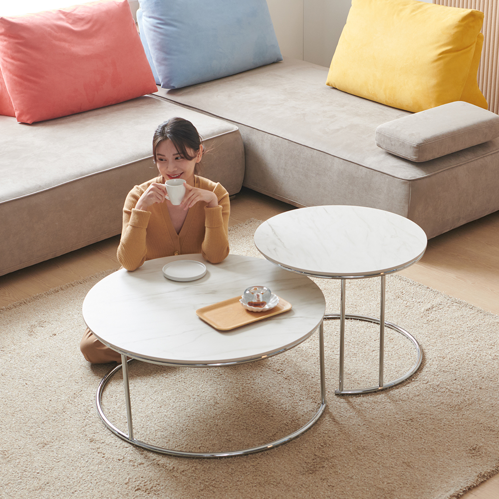 거실테이블 쇼파테이블 루이나 포세린 세라믹 원형 좌탁 소파 좌식 티 테이블 세트
