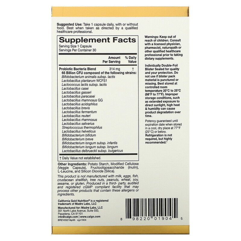 캘리포니아 골드 뉴트리션 락토비프 650억 유산균 (30캡슐 x 4개) - 상세 이미지 3