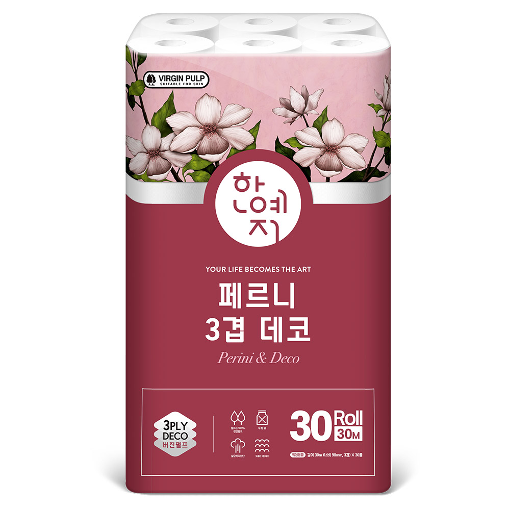 한예지 천연펄프 3겹 페르니데코 두루마리 휴지 화장지 30m, 30롤, 1팩 - 상세 이미지 2