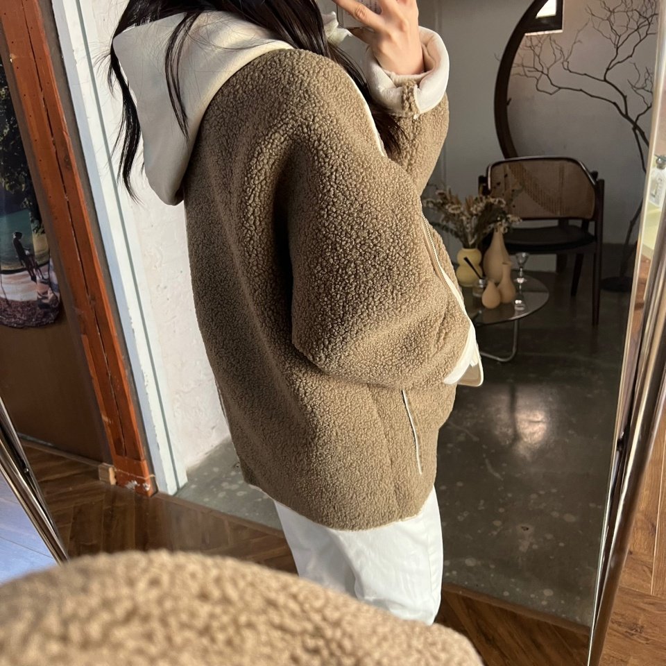 여자여자몰 파스텔 배색라인 큰후드 양털무스탕 겨울아우터 집업점퍼 이미지 7