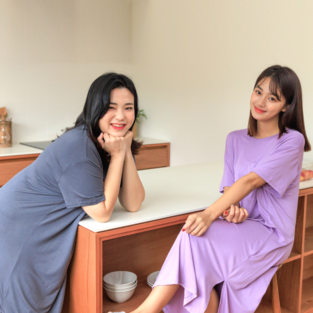 여성 모달 원피스 잠옷 홈웨어 이지웨어 원마일웨어 무지 반팔 라운드넥 사계절 여름 파자마 - 상세 이미지 2