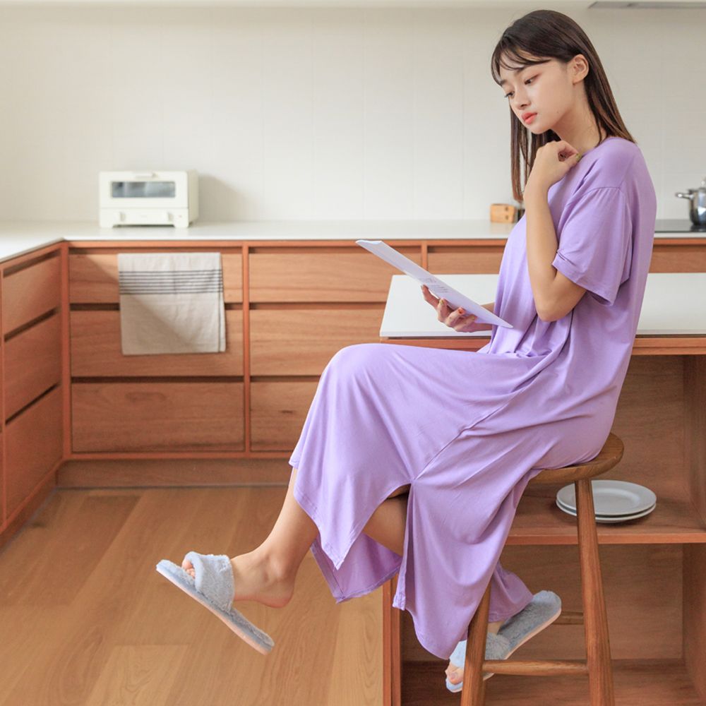 여성 모달 원피스 잠옷 홈웨어 이지웨어 원마일웨어 무지 반팔 라운드넥 사계절 여름 파자마 - 상세 이미지 3