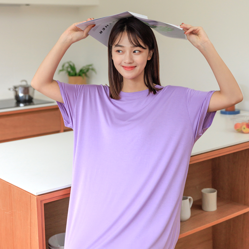 여성 모달 원피스 잠옷 홈웨어 이지웨어 원마일웨어 무지 반팔 라운드넥 사계절 여름 파자마 - 상세 이미지 5