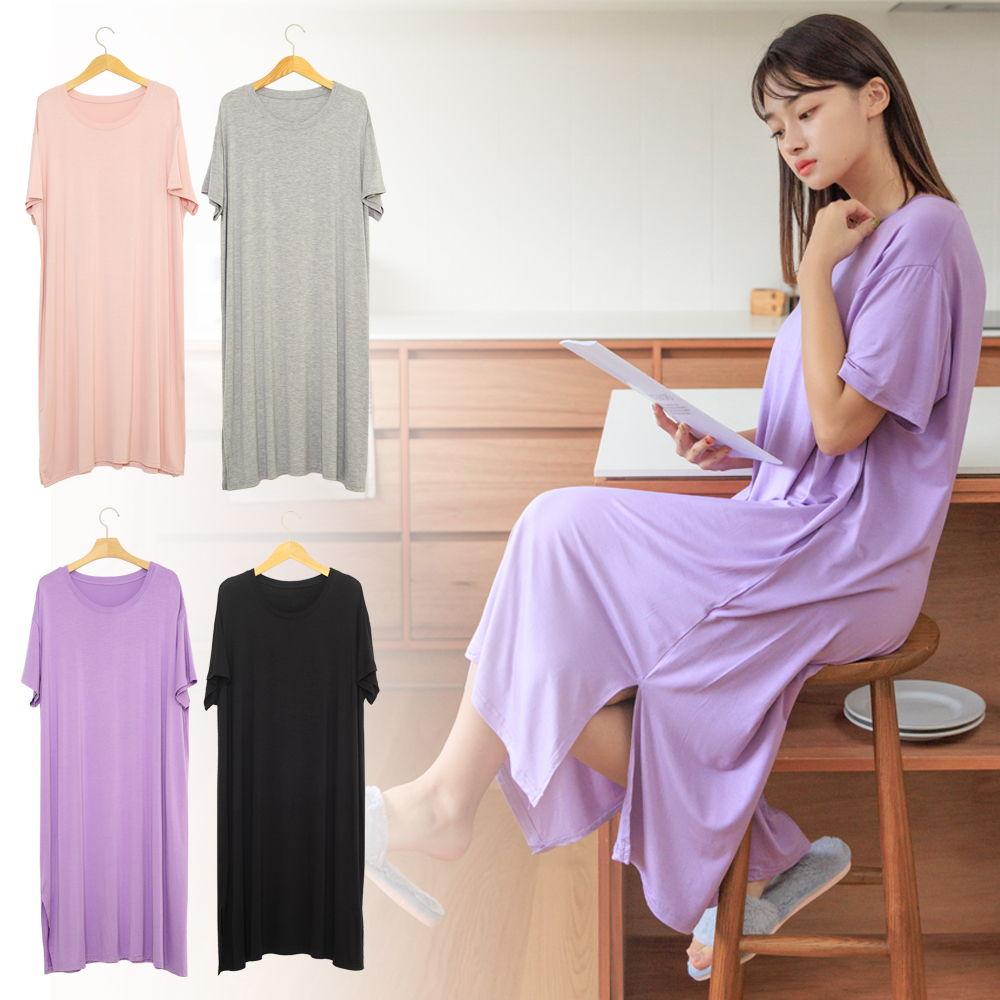 여성 모달 원피스 잠옷 홈웨어 이지웨어 원마일웨어 무지 반팔 라운드넥 사계절 여름 파자마 - 상품 이미지