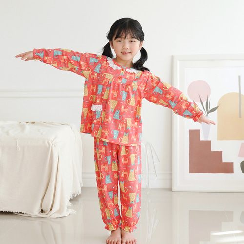 여아 남아 잠옷 주니어 겨울 실내복 고양이2 면 다이마루 - 상세 이미지 5