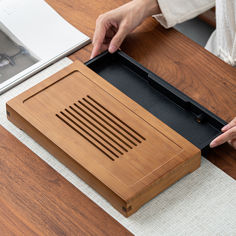 더큰솔 대나무 서랍형 차판 자사호 개완 다완 보이차 다도 퇴수기 1인 트레이 2종